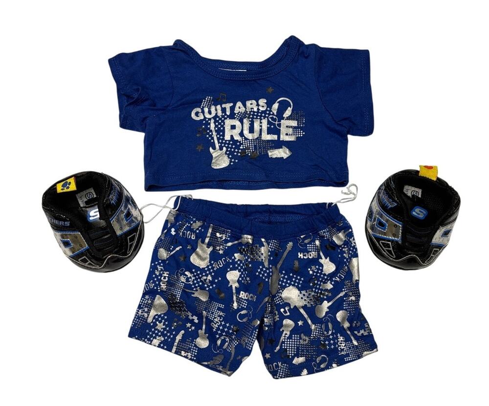 BUILD A BEAR Workshop Outfit -Guitar Graphic Tee + Shorts + Skechers | 3 pieces